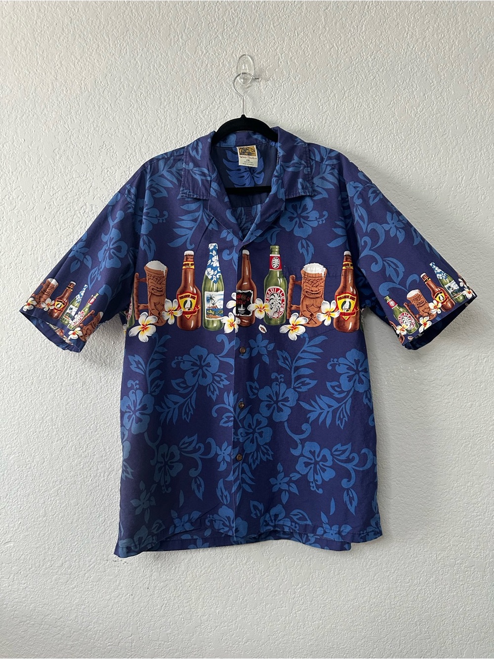 Vintage Winnie Fashion Hawaiian Shirt 2XL Blue Beer Bottle Tiki Mug Border Aloha